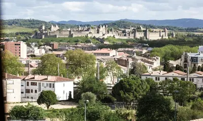 a cityscape of a town with a castle in the background at Studio avec parking vue sur la Cité de Carcassonne in Carcassonne