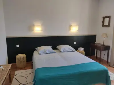 a bedroom with a large bed with two pillows at La Maison de Colette - Coeur de village in Cuxac-dʼAude