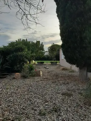 a gravel yard with a tree and a building at Tranquillité Gite in Cuxac-dʼAude