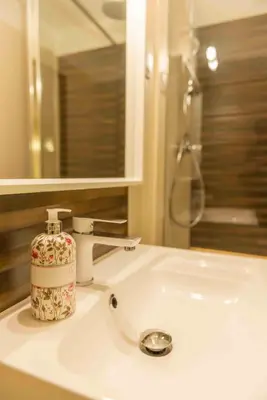 a bathroom sink with a soap dispenser on it at Autour d'une Toile in Rouvenac
