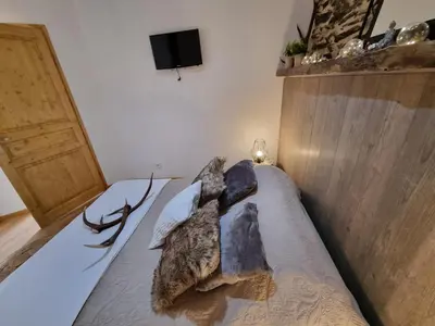 a bedroom with a bed with a rock on it at LE GITE SPA DU CEDRE BLEU in La Tourette-Cabardès