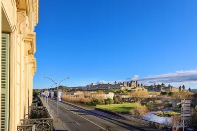 a view of a city from a building at La Pittoresque 1 in Carcassonne