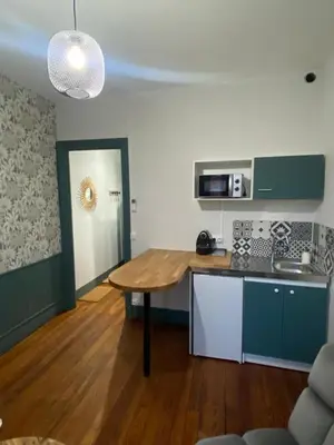 a kitchen with a wooden table in a room at Appart 55 in Mazamet