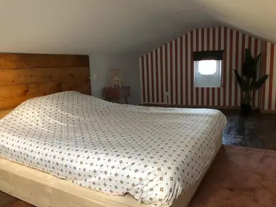 a bedroom with a large bed with a wooden headboard at Appart 55 in Mazamet