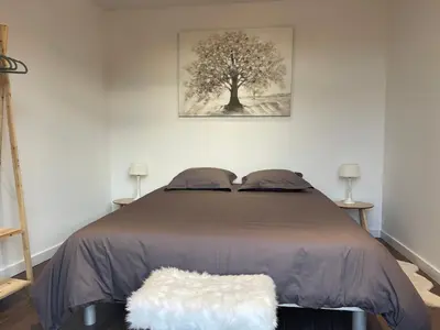 a bedroom with a bed with a tree on the wall at Les Appartements du Cep’t in Mazamet