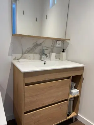 a bathroom with a sink and a mirror at Les Appartements du Cep’t in Mazamet