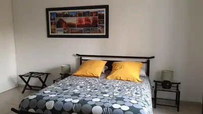 a bedroom with a bed with two yellow pillows at L'Ancestrale, Beau T2 in Limoux