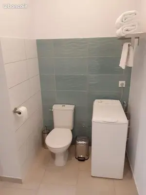 a bathroom with a toilet and a trash can at L'Ancestrale, Beau T2 in Limoux