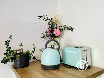 a table with a toaster and a toaster and plants at Gîte & Spa Le Villemachois - 4 étoiles - Jacuzzi couvert - Calme et Indépendant - Clim - Parking - 5 min Carcassonne in Villemoustaussou