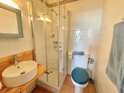 a bathroom with a shower and a toilet and a sink at Maison de l´amitié Homps in Homps