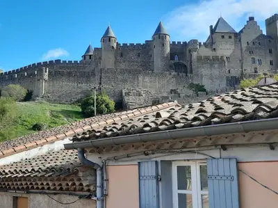 a building with a castle in the background at A 200 mètres du château : maison de ville in Carcassonne