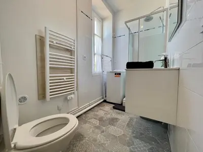 a white bathroom with a toilet and a sink at Les appartements d'Arthur - Pont-Neuf in Carcassonne