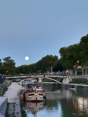 a group of boats in a river with a bridge at Domaine de Livière-Haute Narbonne in Narbonne