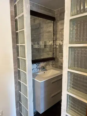 a bathroom with a sink and a mirror at Propriétaire privé in Carcassonne
