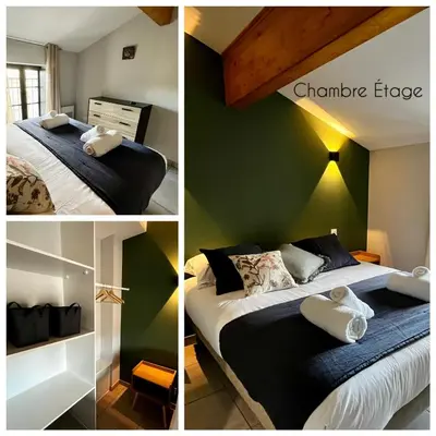 a bedroom with a bed and a green wall at Les Demoiselles de la Tour ! in Carcassonne