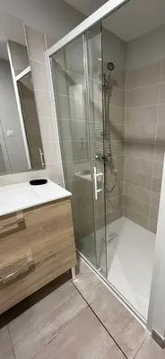 a bathroom with a shower and a sink at Les Demoiselles de la Tour ! in Carcassonne