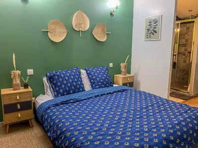 a bedroom with a blue bed and a green wall at Carcalove - Pool, Billard & Jacuzzi - 10pax in Fontiès-dʼAude