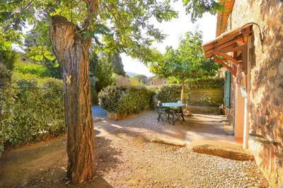a patio with a table and a tree next to a building at Domaine du coude in Saint-André-de-Roquelongue