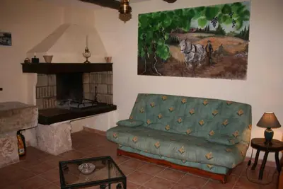 a living room with a couch and a fireplace at Domaine du coude in Saint-André-de-Roquelongue