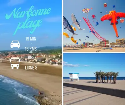 two pictures of a beach with kites flying in the sky at La cabane bleue à Narbonne in Narbonne