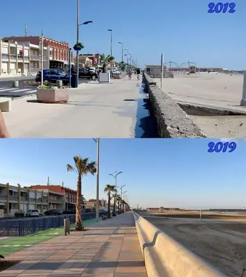 two pictures of a street and a street with palm trees at Chaleureux studio en bord de mer in Port-la-Nouvelle