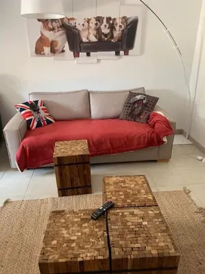 a living room with a couch with a red blanket at Gite à la ferme avec jacuzzi et piscine chauffée in Saint-Félix-de-Tournegat