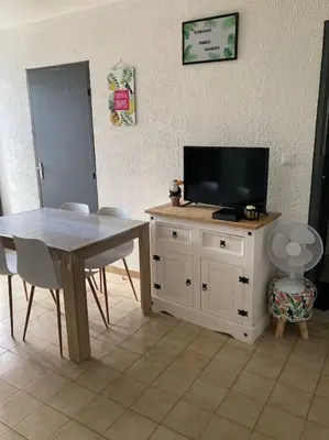 a living room with a table and a television on a cabinet at Narbonne centre T2 avec jardinet et parking in Narbonne