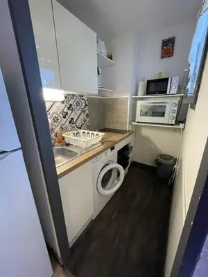 a small kitchen with a sink and a washing machine at Narbonne centre T2 avec jardinet et parking in Narbonne