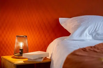 a bed with a lamp on a night stand next to a bed at Charme au cœur des vignes in Malras