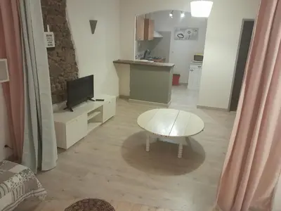 a living room with a table and a tv at Studio in Carcassonne