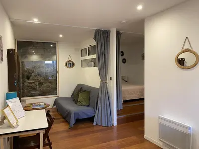 a living room with a couch and a bed in a room at La Roche - Studio 2 étoiles Eco Responsable avec Tv Connectée in Maury