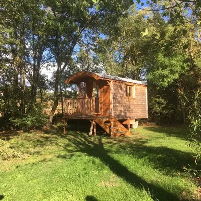 a tree house in the middle of a field at Camping La Capelle in Saint-Martin-Lalande