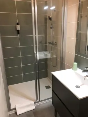 a bathroom with a shower and a sink at La Cerisaie - Chambres d'hôtes & gites in Riols