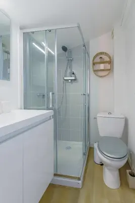 a bathroom with a toilet and a glass shower at Romantique Duplex au pied de la cité in Carcassonne