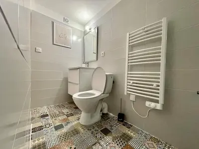 a bathroom with a toilet and a mirror at Appartement confort - Carcassonne centre in Carcassonne