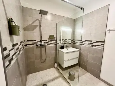 a bathroom with a shower and a sink at Le Riquet - jardin privé, clim, RDC in Castelnaudary