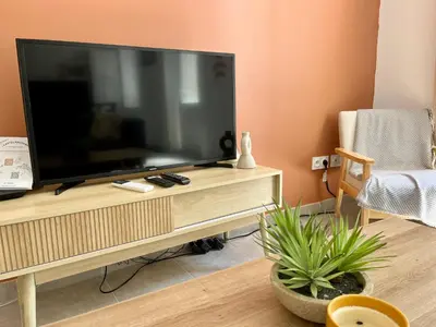 a flat screen tv sitting on top of a wooden entertainment center at Le Riquet - jardin privé, clim, RDC in Castelnaudary