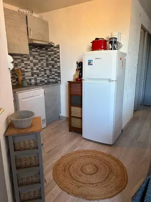 a kitchen with a white refrigerator and a wooden floor at Le clin d'oeil sur le port. in Gruissan