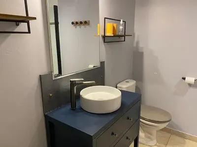 a bathroom with a sink and a toilet at Dupleix au Fil du Canal in Narbonne
