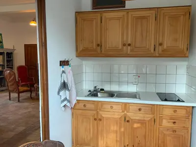 a kitchen with wooden cabinets and a sink at Château de Mézerville in Mézerville