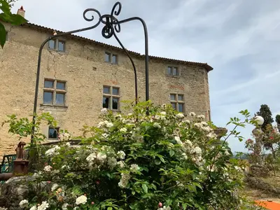 a building with a bunch of flowers in front of it at Château de Mézerville in Mézerville