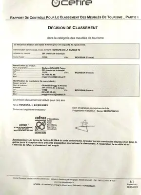 a letter from the department of commerce of californiaocumentary document at Gite de charme à 10 min de Narbonne in Moussan