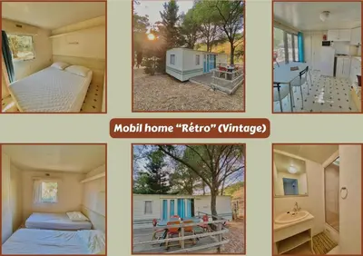 a collage of pictures of a tiny house at Camping Caramany, Lac à proximité - Cabanes perchées - Mobil-homes - Emplacements nus pour camping-cars, tentes, caravanes in Caramany