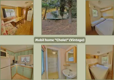 a collage of four pictures of a tiny house at Camping Caramany, Lac à proximité - Cabanes perchées - Mobil-homes - Emplacements nus pour camping-cars, tentes, caravanes in Caramany