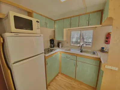a small kitchen with a white refrigerator and a microwave at Camping Caramany, Lac à proximité - Cabanes perchées - Mobil-homes - Emplacements nus pour camping-cars, tentes, caravanes in Caramany