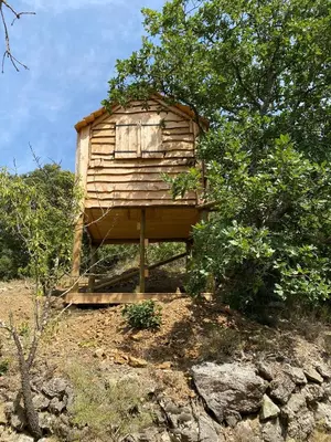 a wooden out house sitting on a hill at Camping Caramany, Lac à proximité - Cabanes perchées - Mobil-homes - Emplacements nus pour camping-cars, tentes, caravanes in Caramany
