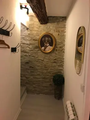 a hallway with a picture of a man on a stone wall at Le grenier de Manée in Villemoustaussou
