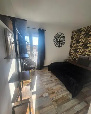 a living room with a bed and a window at Marina 4 ou 8 ou 9 in Narbonne