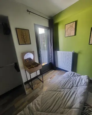 a bedroom with green walls and a bed and a mirror at Marina 4 ou 8 ou 9 in Narbonne