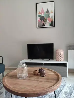 a living room with a coffee table and a tv at Charmant T2 moderne au calme avec jardin vue sur Canigou in Molitg les Bains